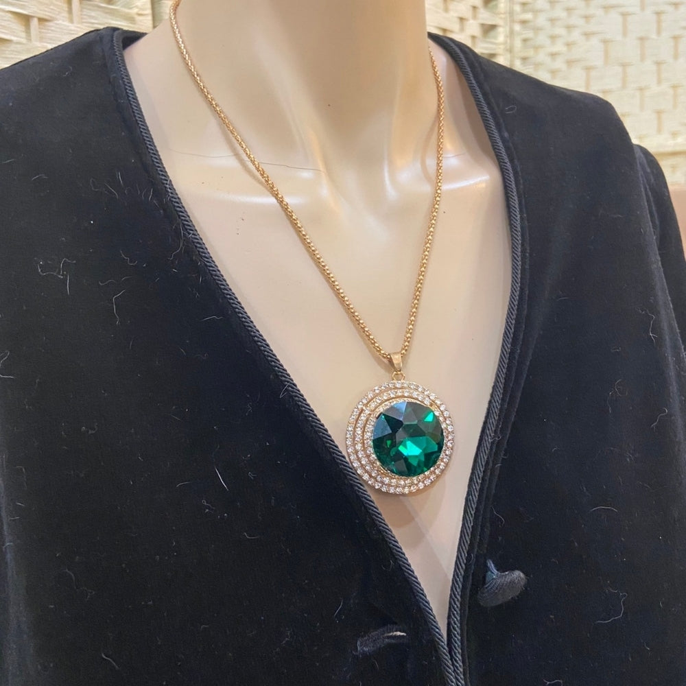 Gold Toned Faux Emerald Necklace decorated with Rhinestones