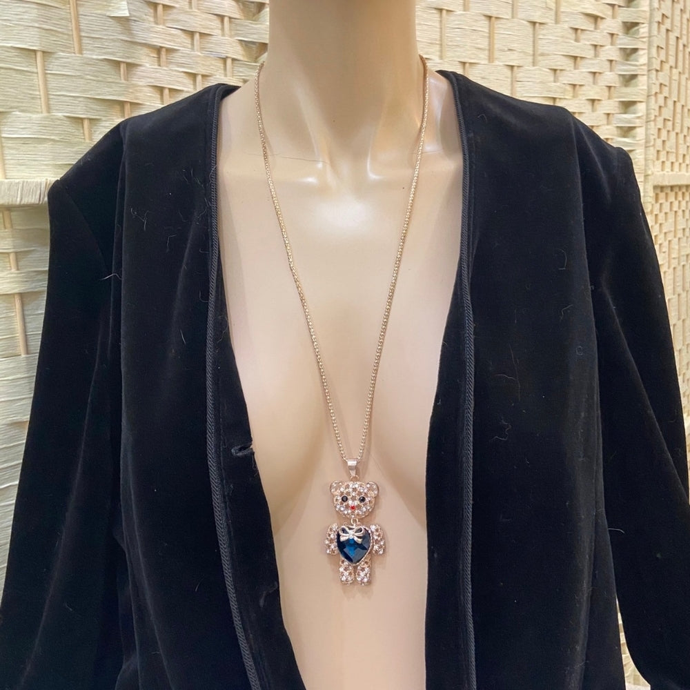 Bear Blue Heart Rhinestones Pendant Gold Toned Necklace