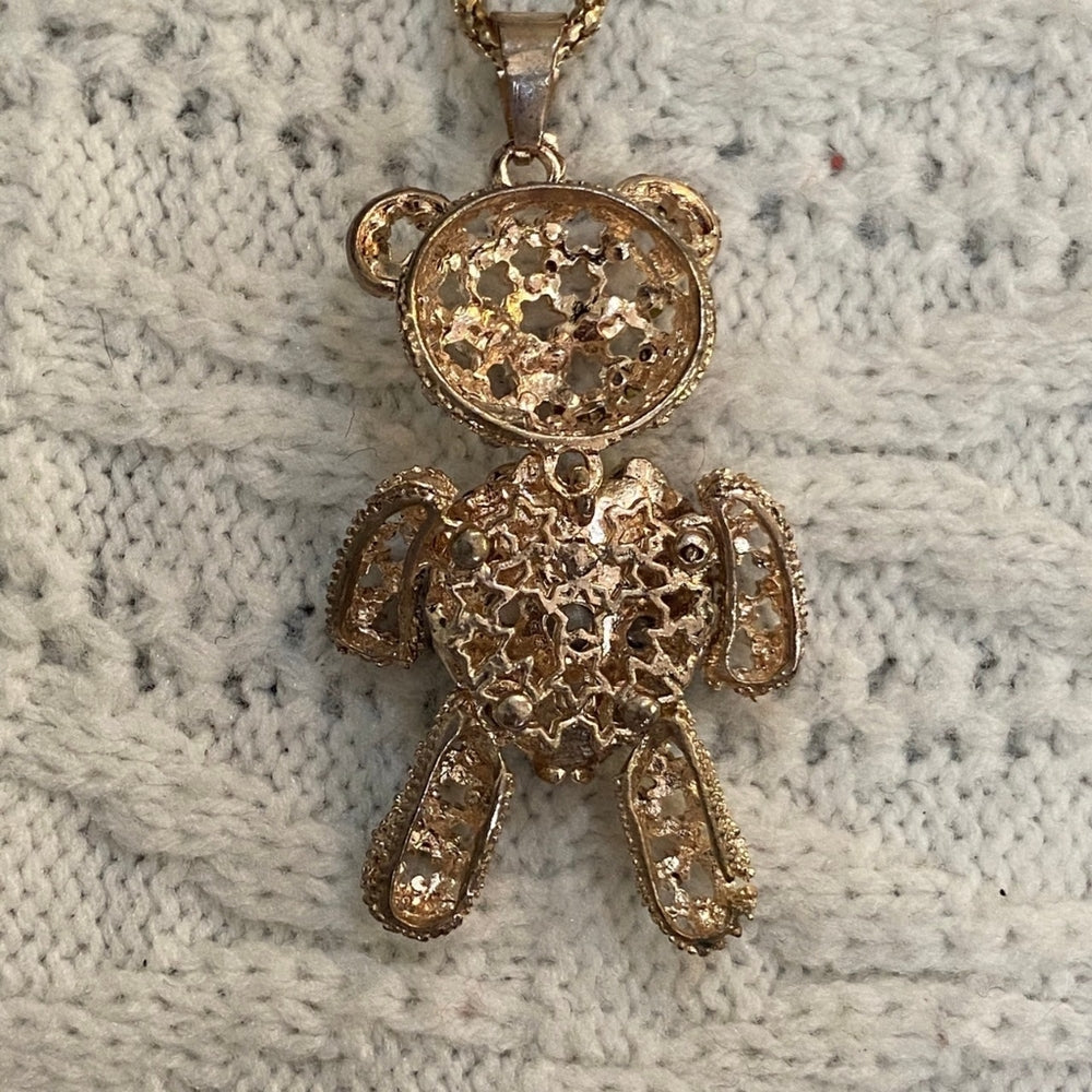 Bear Blue Heart Rhinestones Pendant Gold Toned Necklace