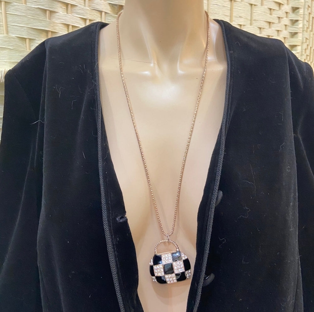 Plaid Black Enamel Rhinestone Purse Necklace
