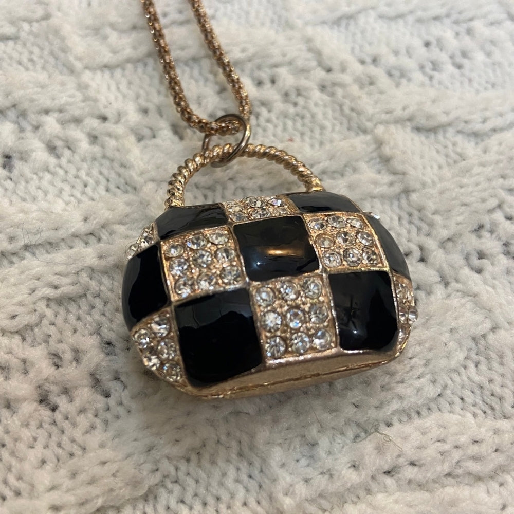 Plaid Black Enamel Rhinestone Purse Necklace