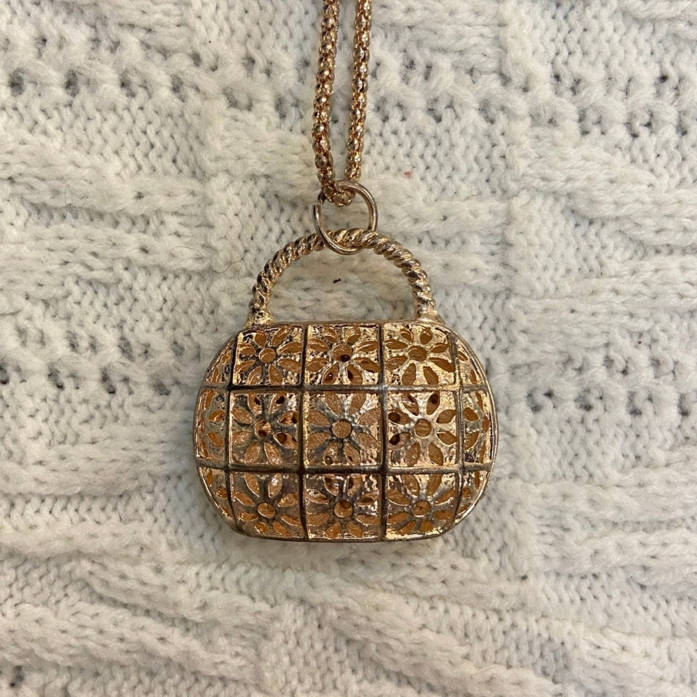 Plaid Black Enamel Rhinestone Purse Necklace