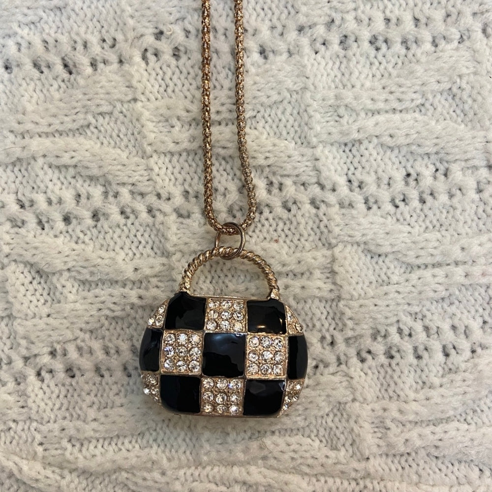 Plaid Black Enamel Rhinestone Purse Necklace