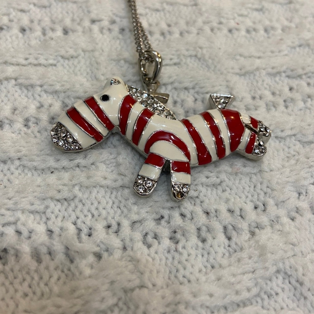 Enamel Red and White Zebra Pendant Silver Toned Necklace
