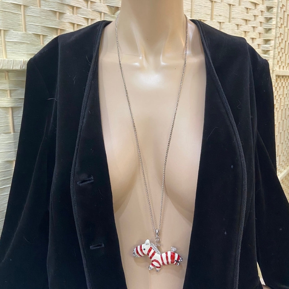 Enamel Red and White Zebra Pendant Silver Toned Necklace