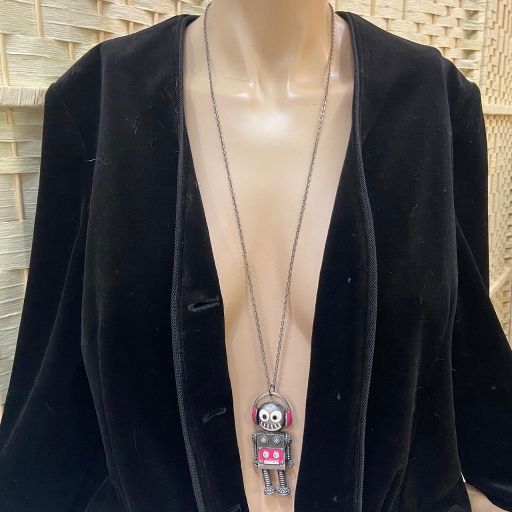Enamal Silver Toned Robot Pendant Necklace
