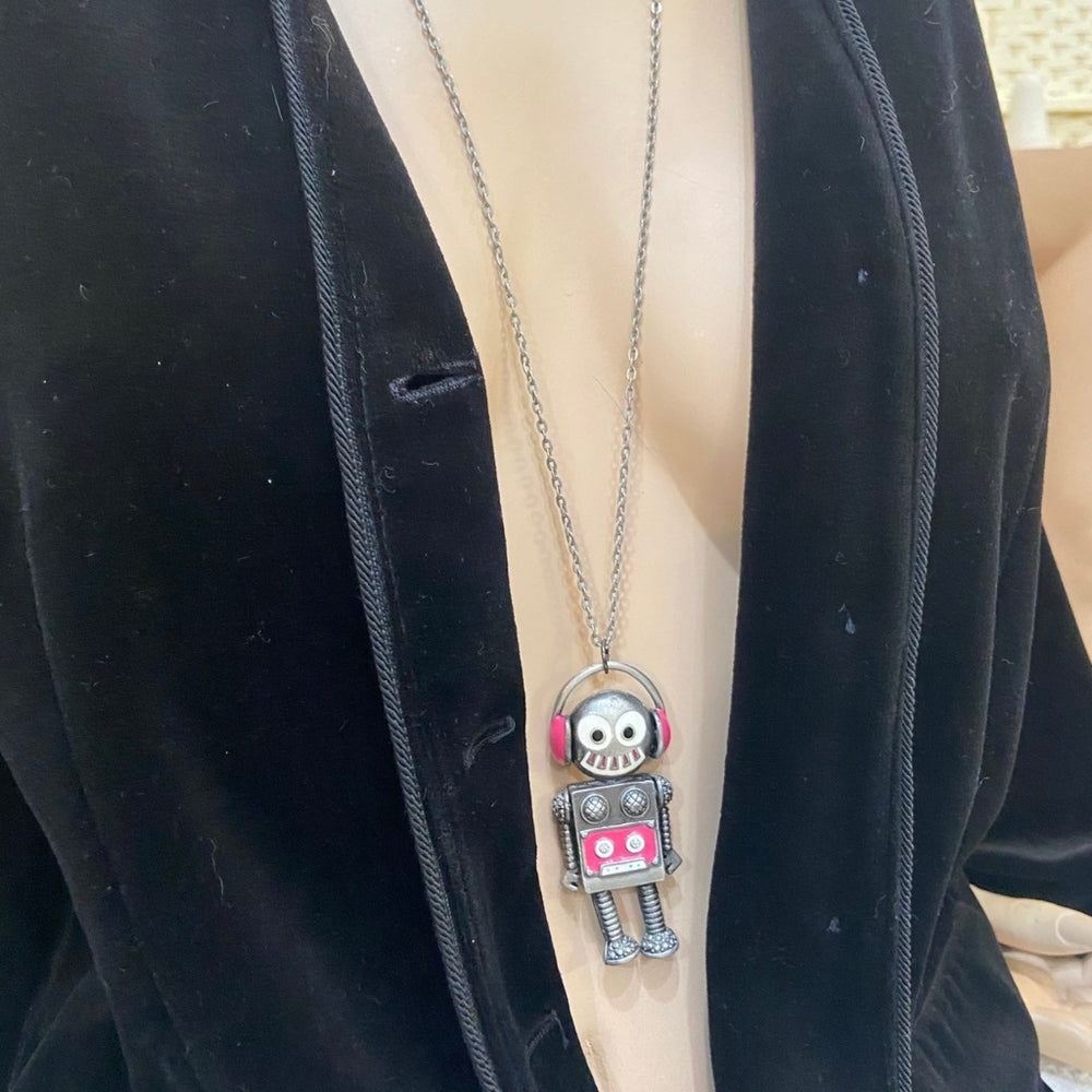 Enamal Silver Toned Robot Pendant Necklace