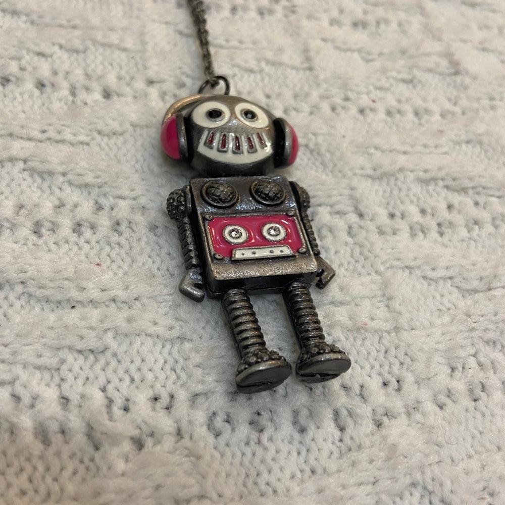 Enamal Silver Toned Robot Pendant Necklace