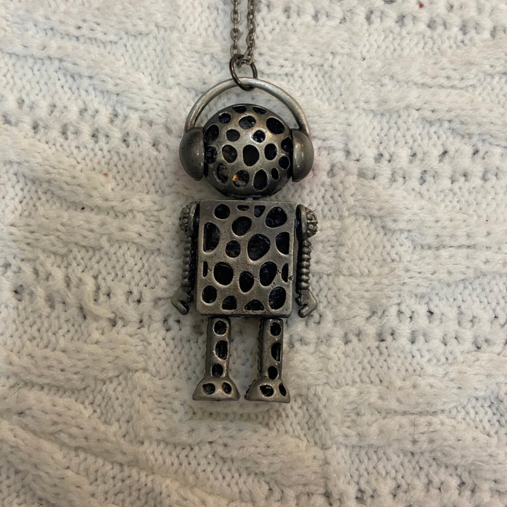Enamal Silver Toned Robot Pendant Necklace