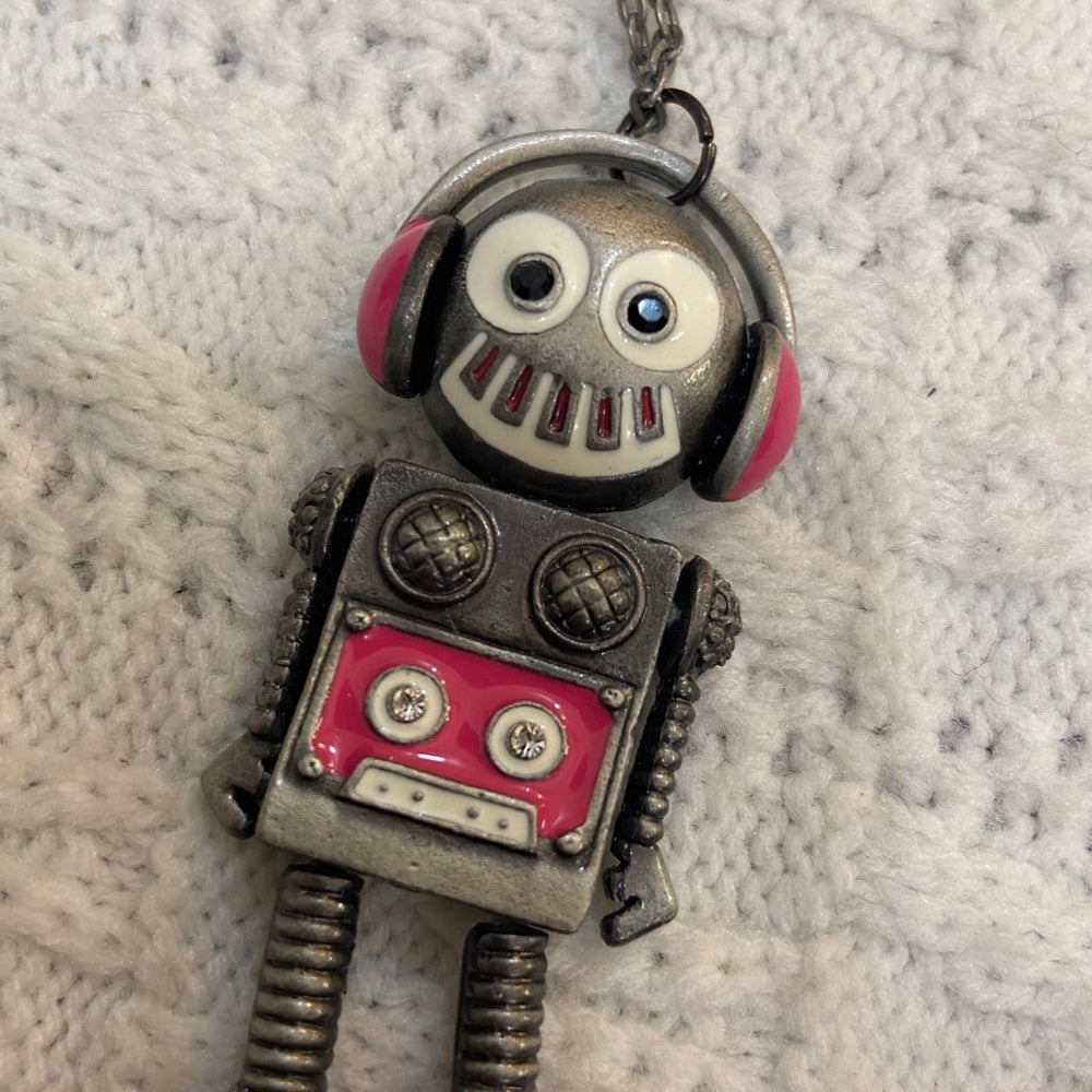 Enamal Silver Toned Robot Pendant Necklace