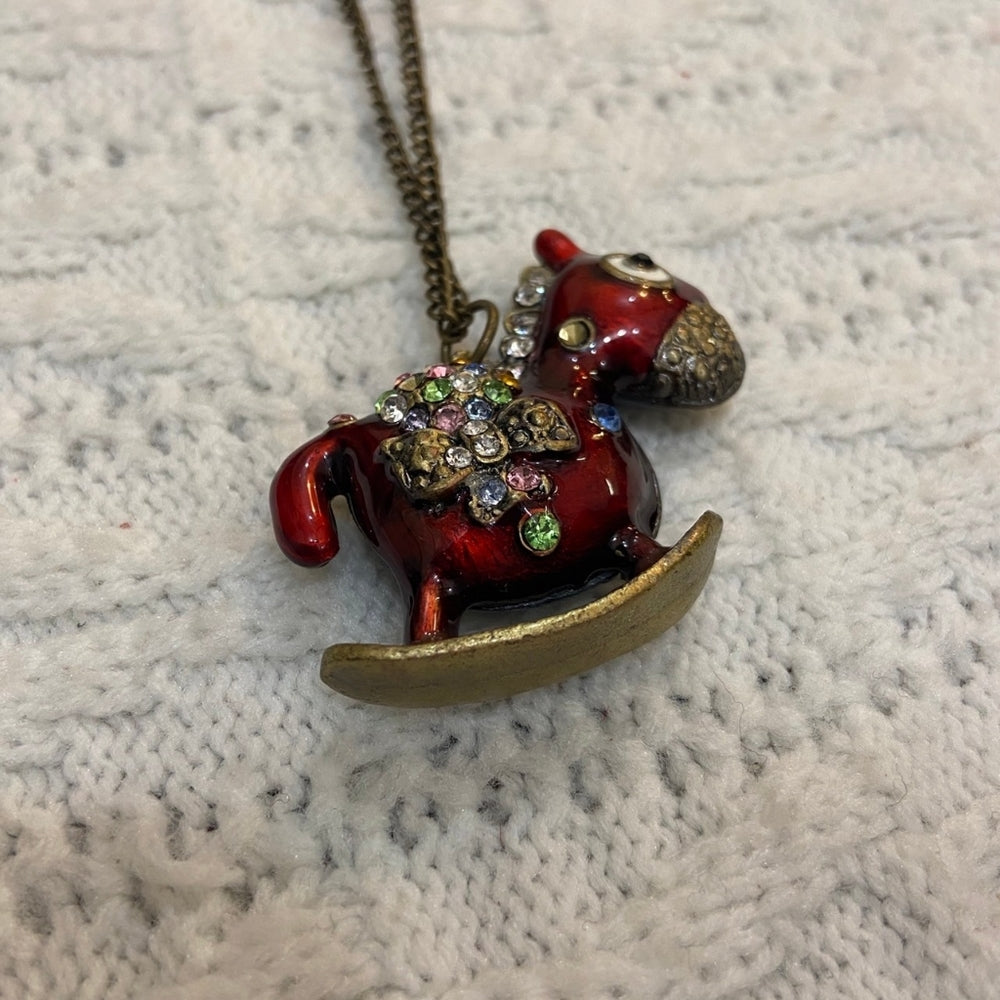 Enamal Red Rocking Horse with Rhinestones and Brass Chain