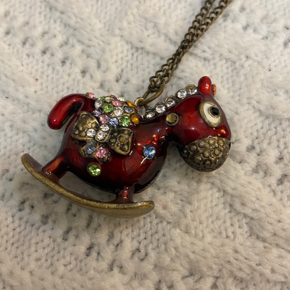 Enamal Red Rocking Horse with Rhinestones and Brass Chain