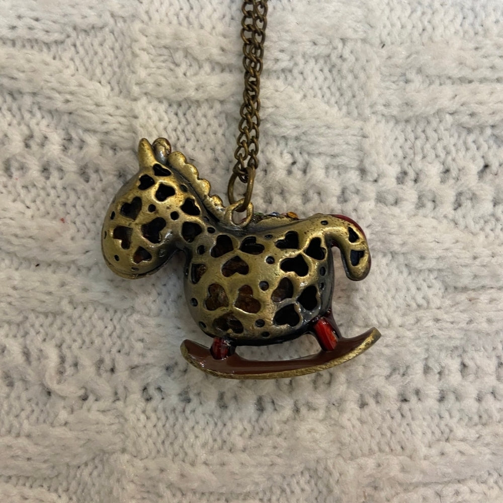 Enamal Red Rocking Horse with Rhinestones and Brass Chain