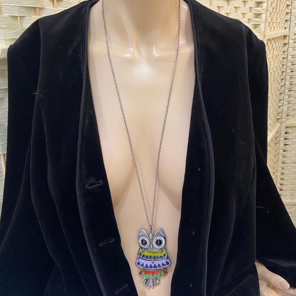 Enamal Multi Colored Owl Pendant Silver Toned Necklace