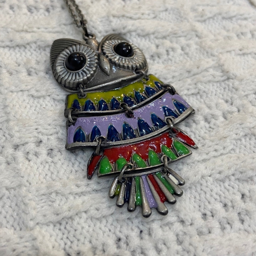 Enamal Multi Colored Owl Pendant Silver Toned Necklace