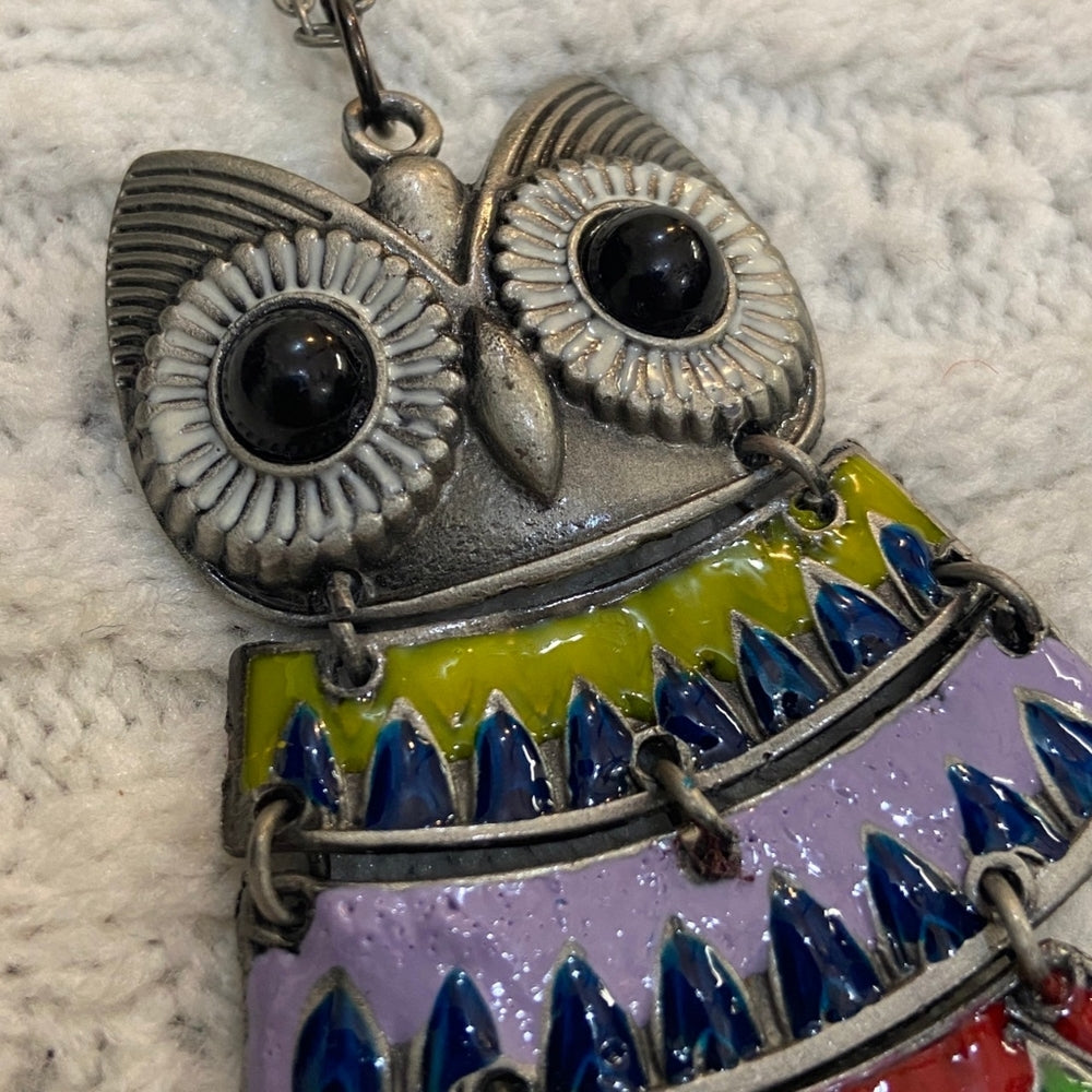 Enamal Multi Colored Owl Pendant Silver Toned Necklace