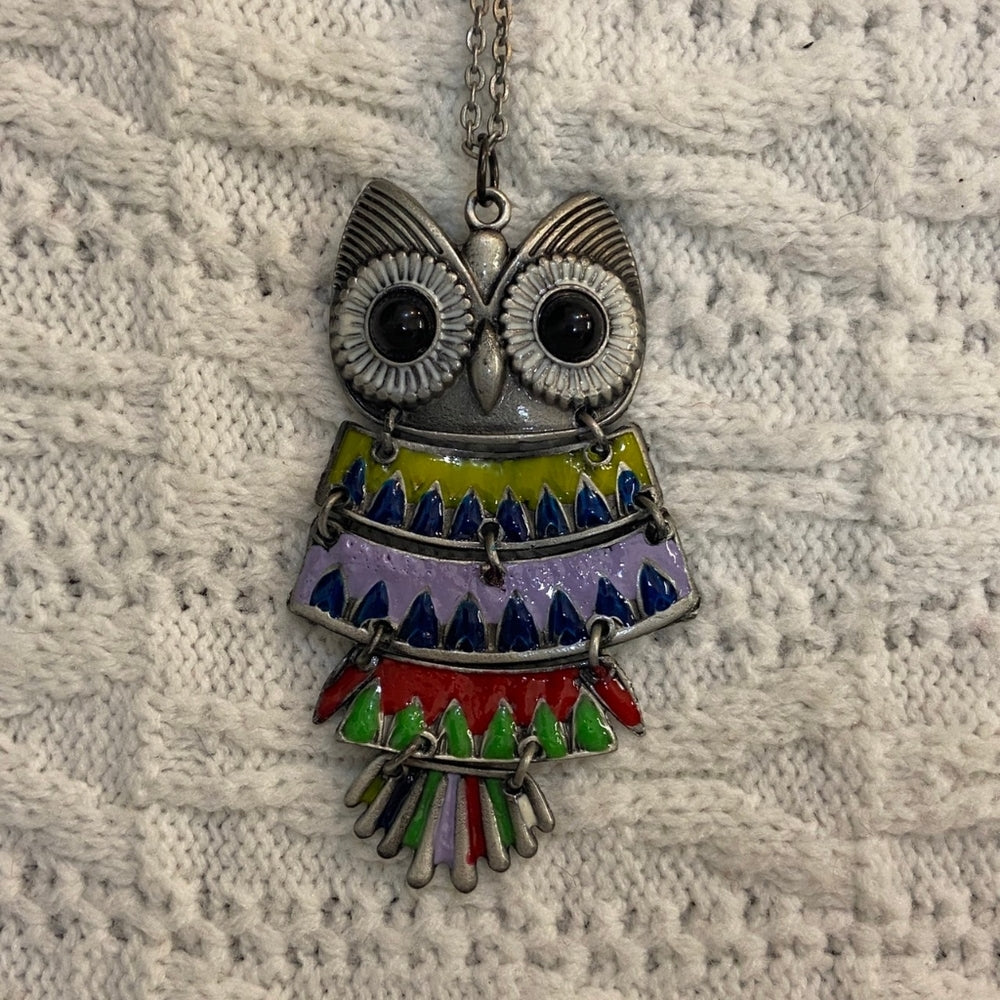 Enamal Multi Colored Owl Pendant Silver Toned Necklace