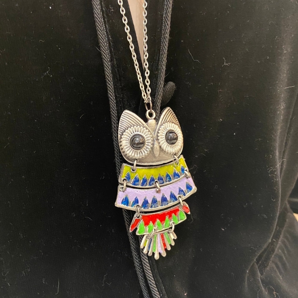 Enamal Multi Colored Owl Pendant Silver Toned Necklace