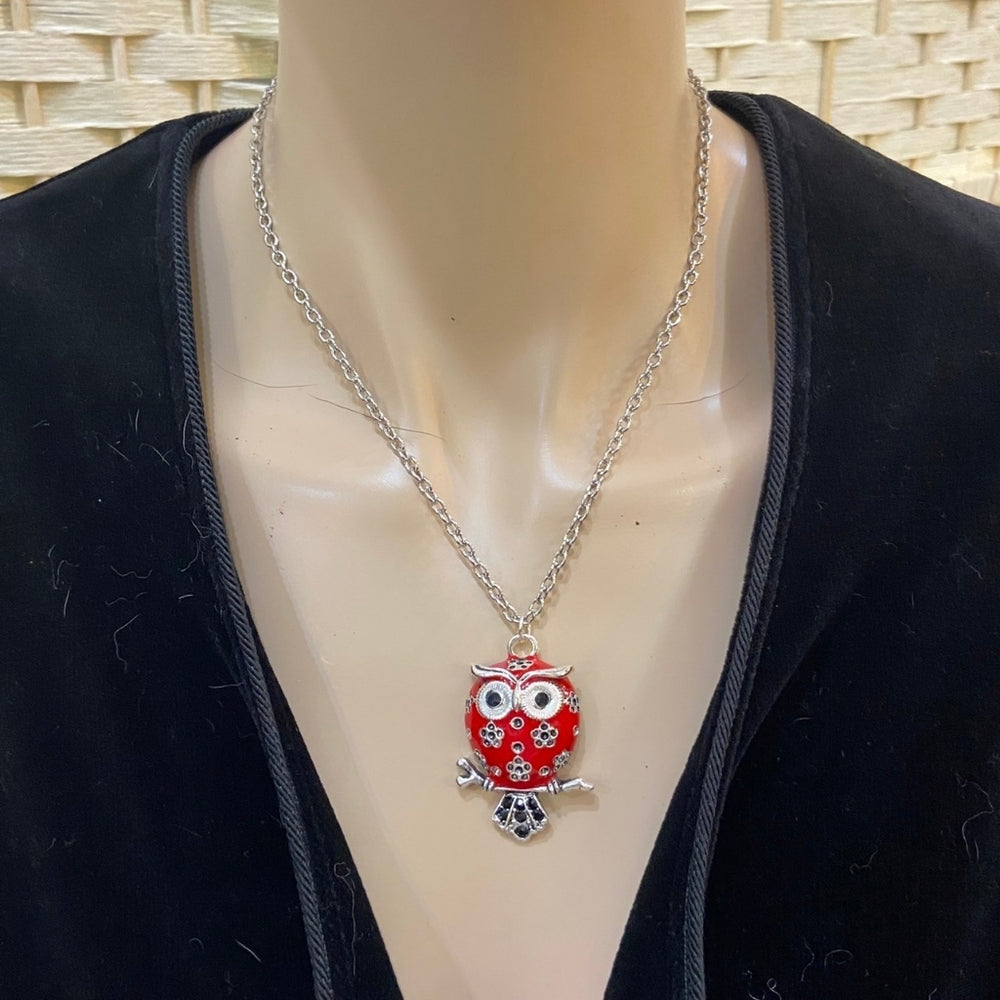 Enamal Red Owl Silver Toned Necklace