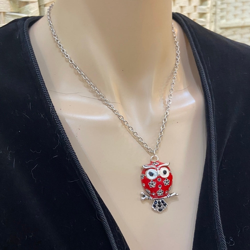 Enamal Red Owl Silver Toned Necklace