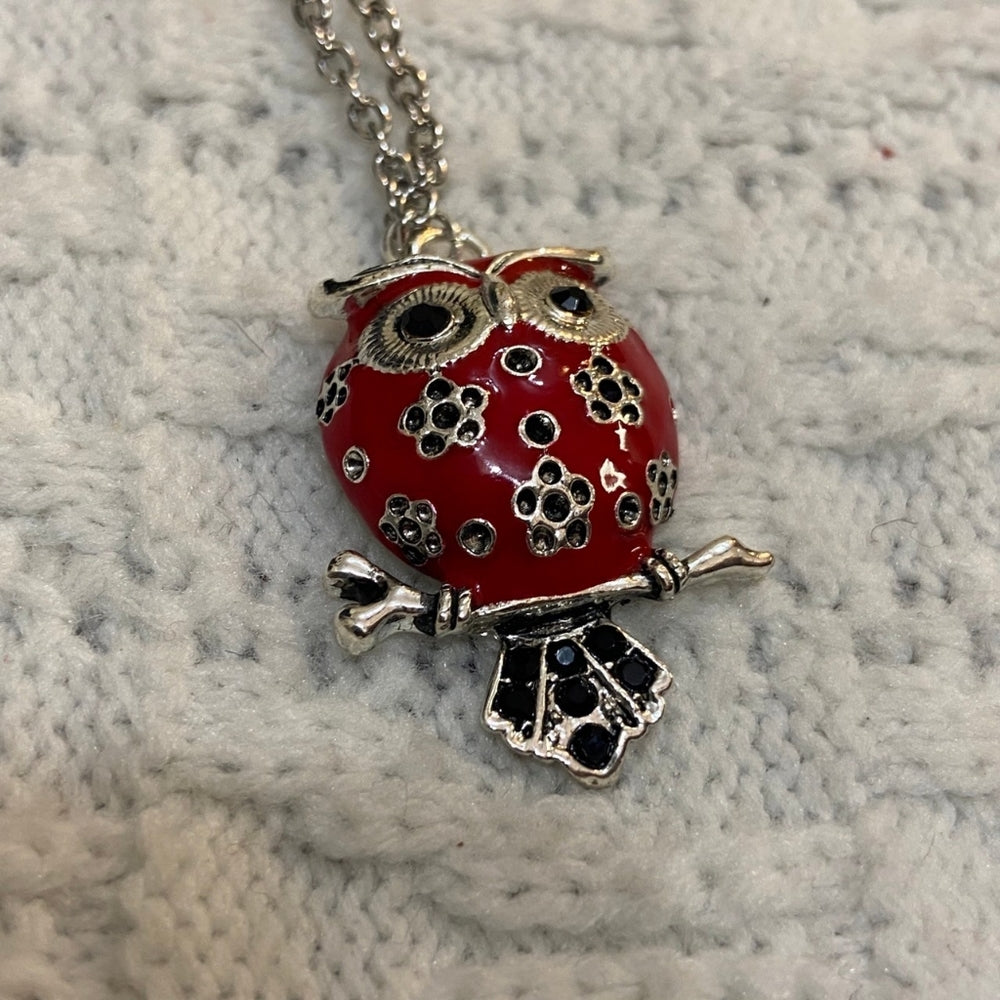 Enamal Red Owl Silver Toned Necklace