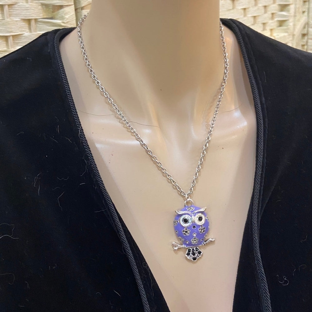 Enamal Purple Owl Silver Toned Necklace