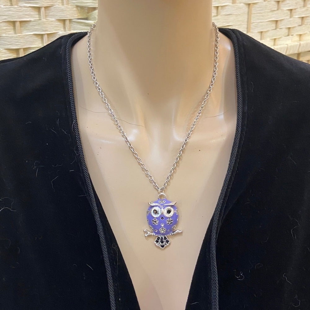 Enamal Purple Owl Silver Toned Necklace
