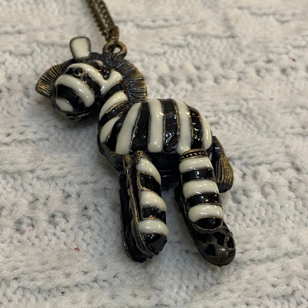 Enamal Black and White Zebra Pendant with Brass Chain Necklace
