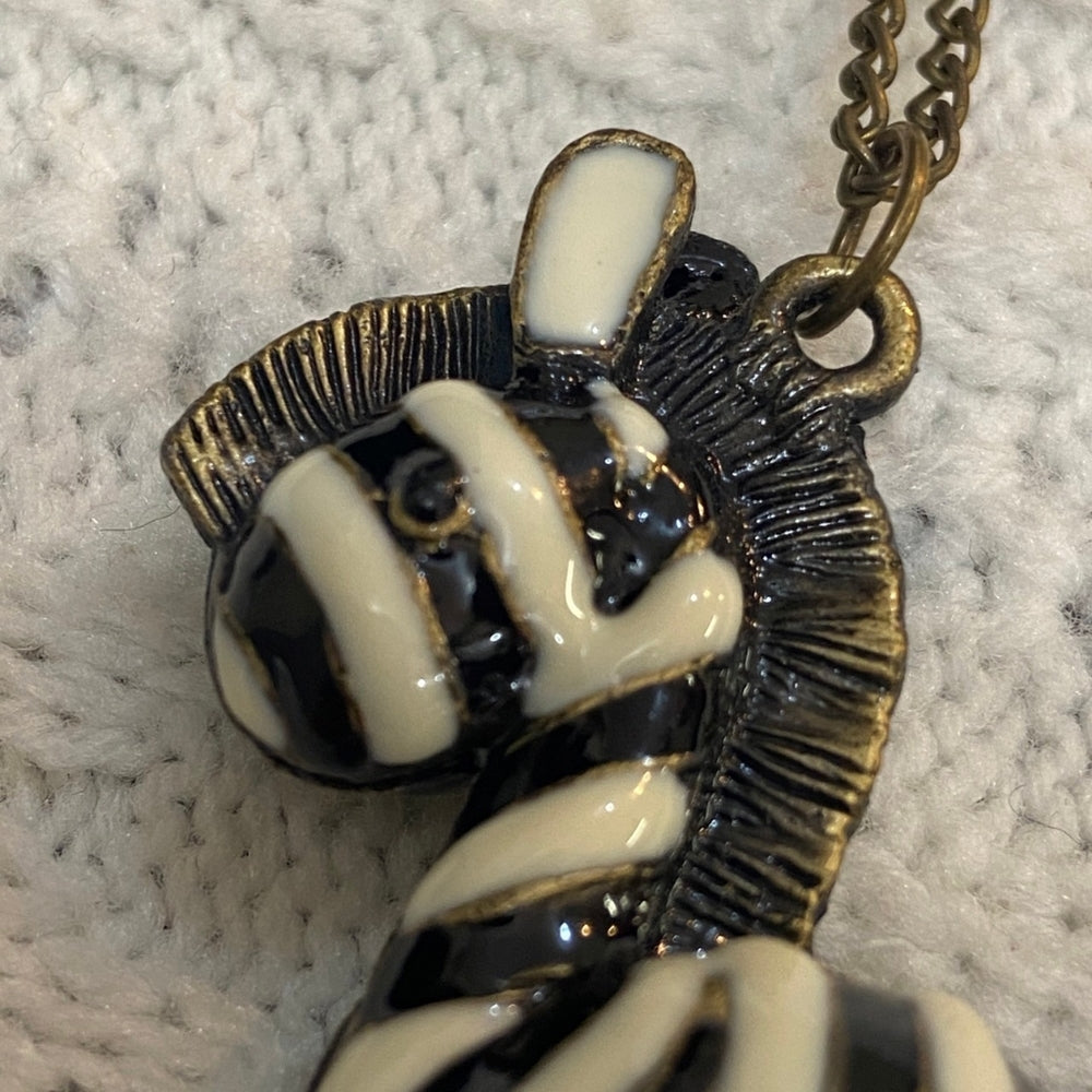 Enamal Black and White Zebra Pendant with Brass Chain Necklace
