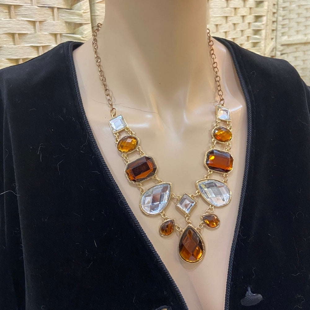 Yellow and White Faux Gemstones Gold Tone Necklace