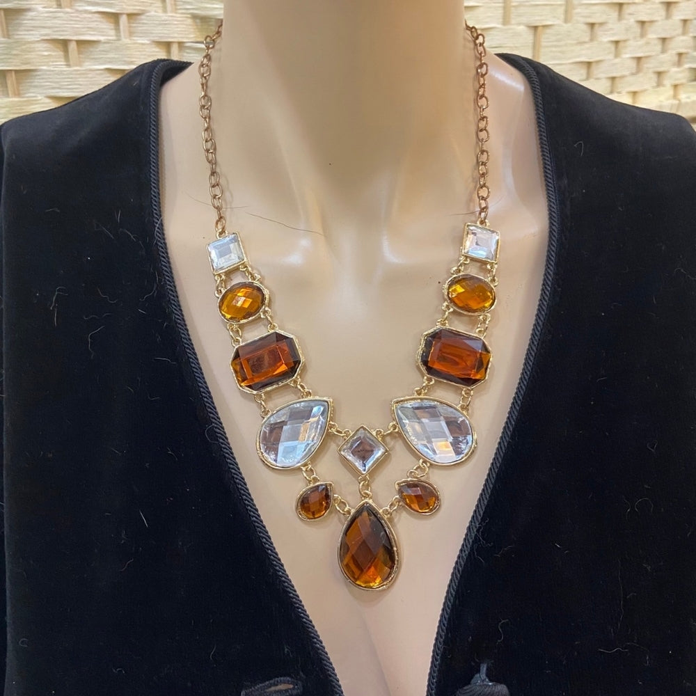 Yellow and White Faux Gemstones Gold Tone Necklace