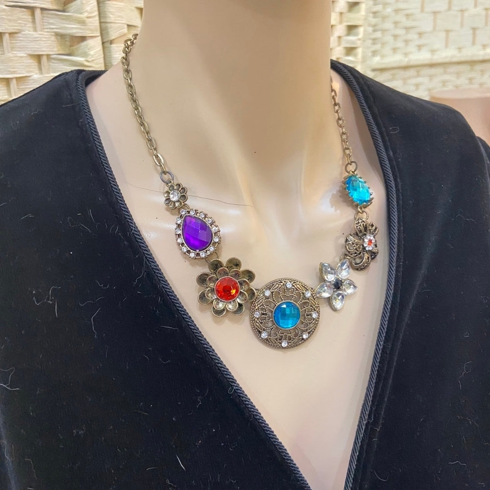 Multi Colored Floral Rhinestones Pendant Necklace