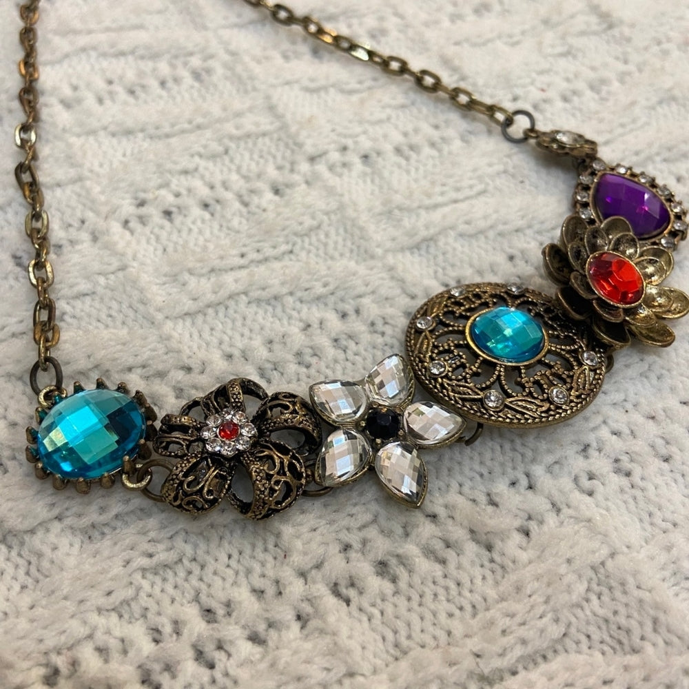 Multi Colored Floral Rhinestones Pendant Necklace