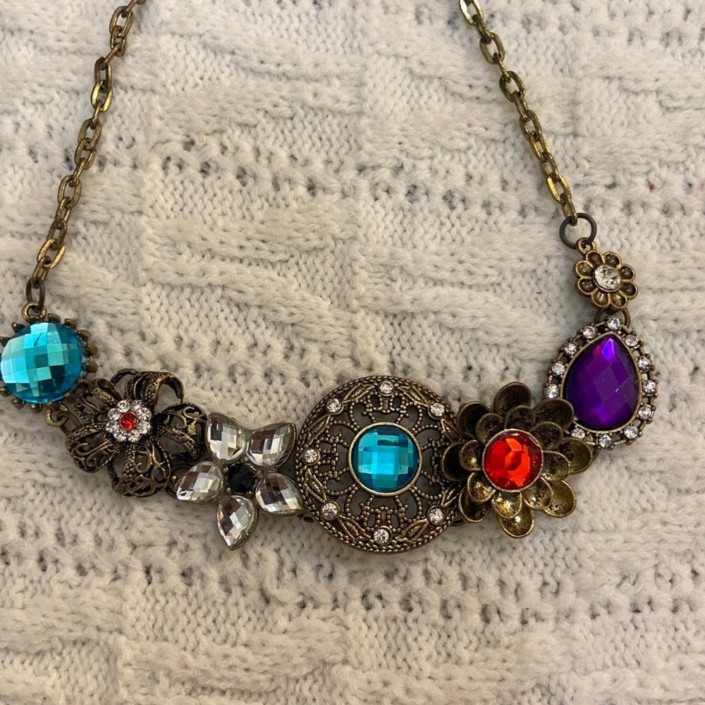 Multi Colored Floral Rhinestones Pendant Necklace