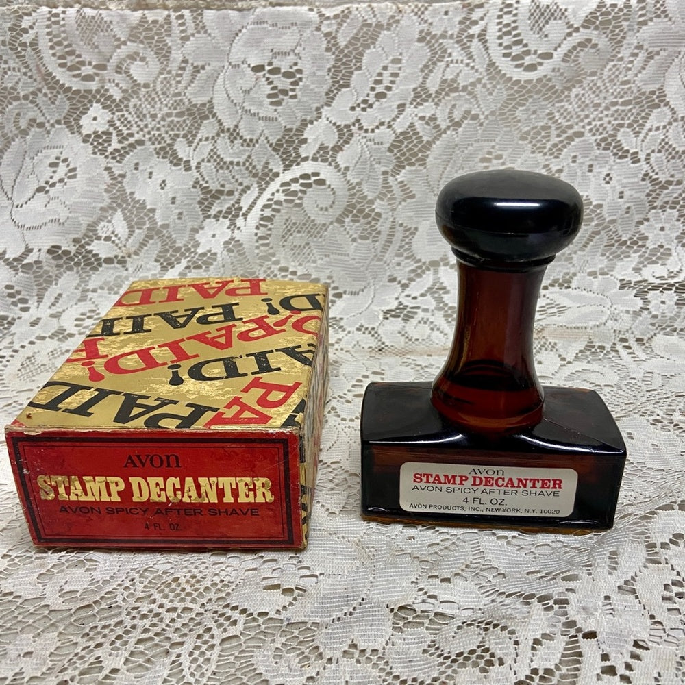 Vintage 1970s Avon Spicy After Shave Stamp Decanter 4Fl Oz (NIB)