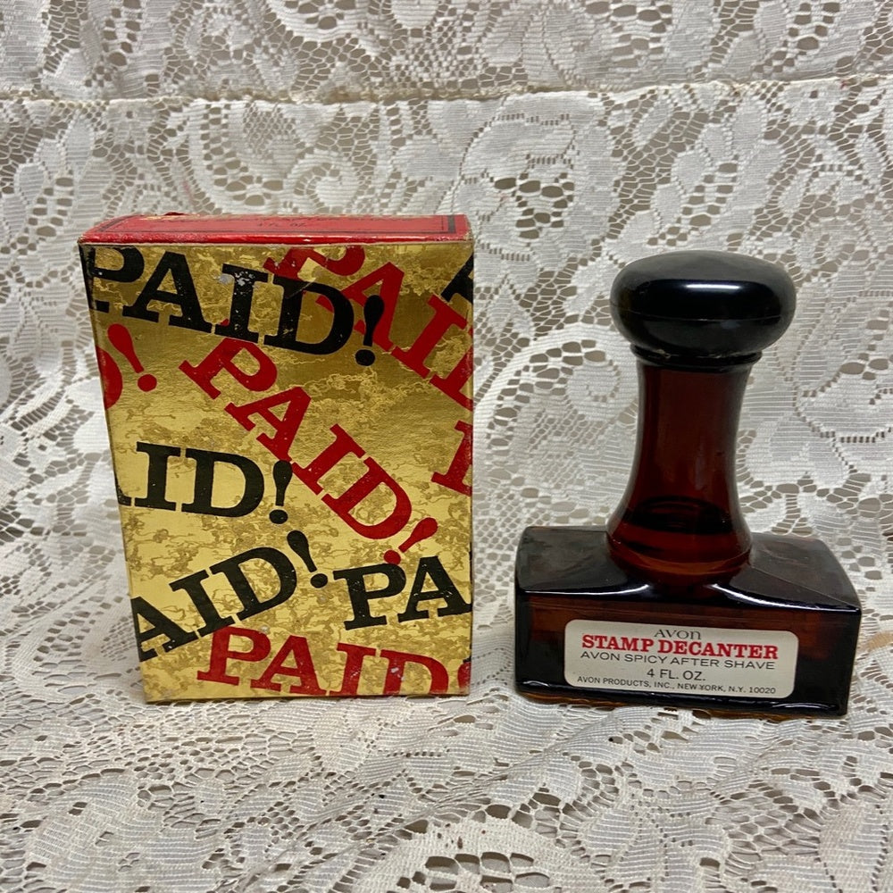 Vintage 1970s Avon Spicy After Shave Stamp Decanter 4Fl Oz (NIB)