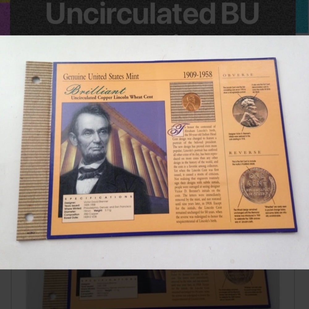 Genuine United States Mint: 1909-1958 BU Copper Lincoln Wheat Cent