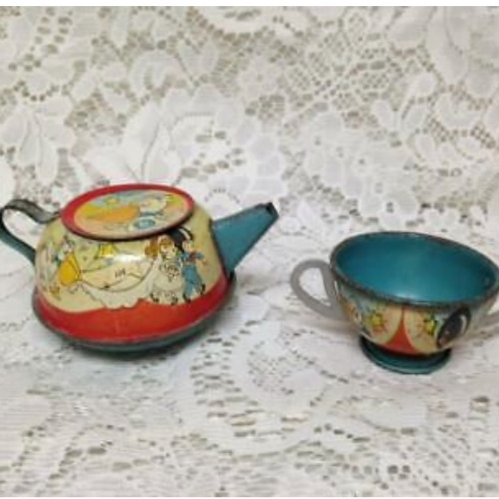 1940-50s Ohio Art, #105 The Wedding, 12pc Childs Tin Tea Set