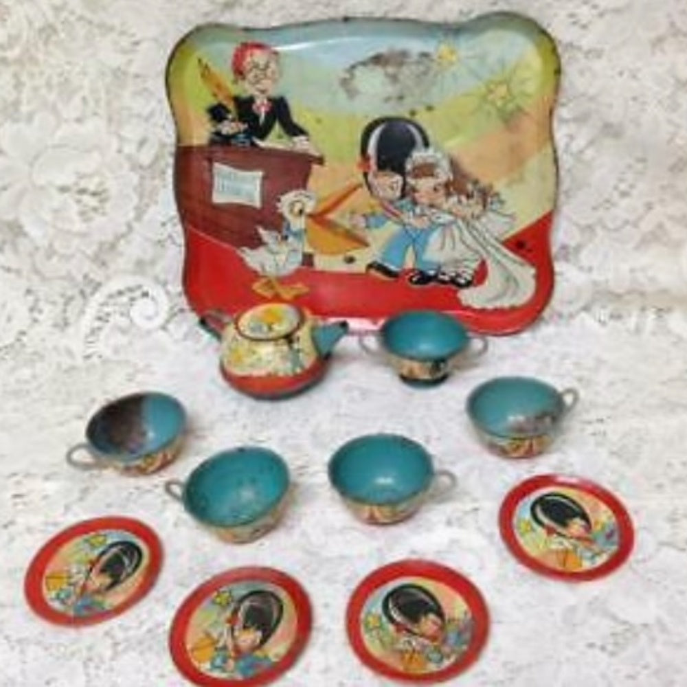 1940-50s Ohio Art, #105 The Wedding, 12pc Childs Tin Tea Set