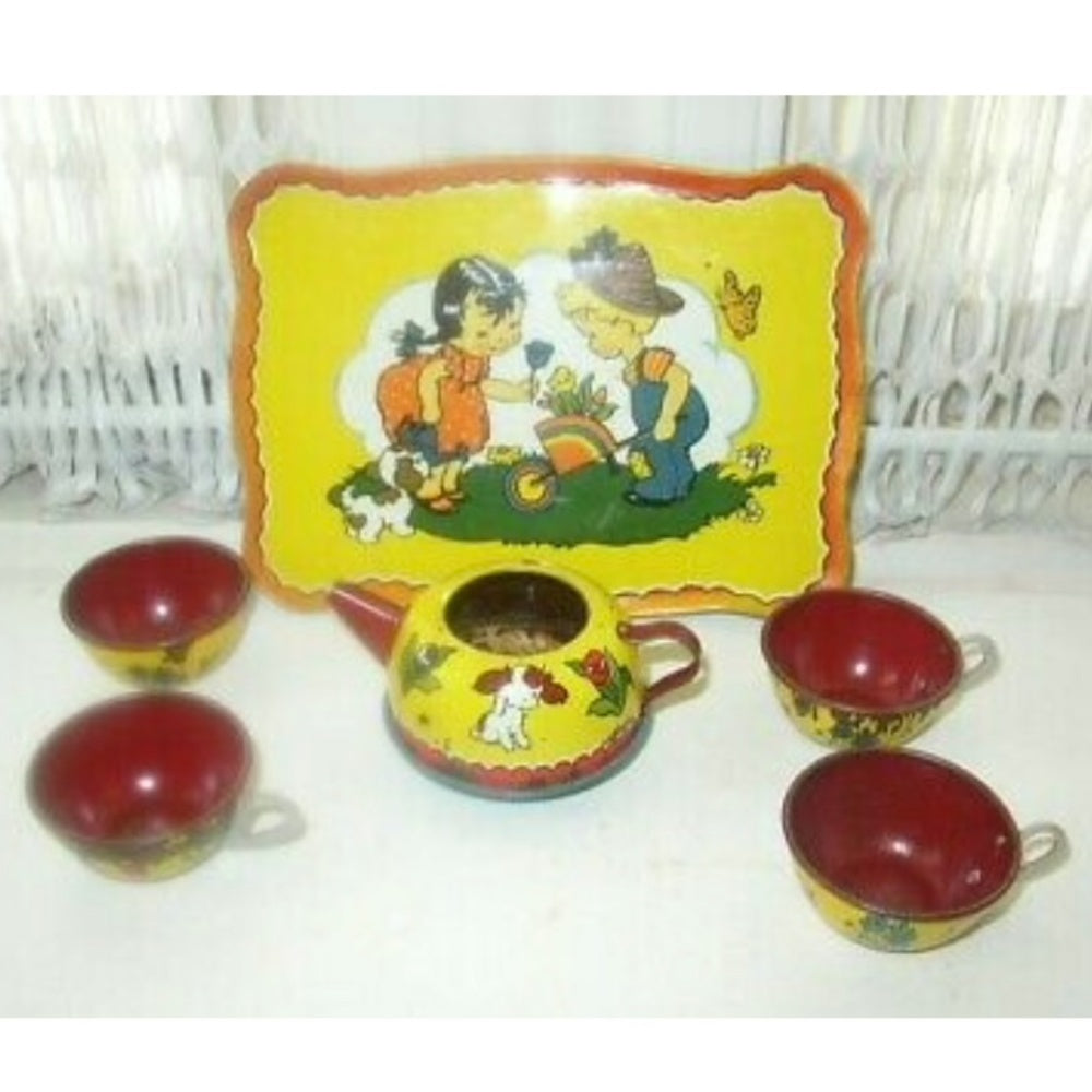 1940s #173 Boy-Girl in Garden, Ohio Art 14-pc Child’s Tin Tea Set