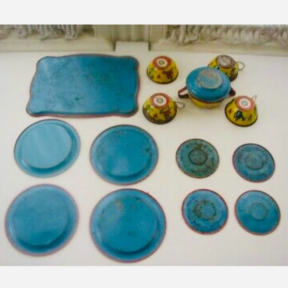 1940s #173 Boy-Girl in Garden, Ohio Art 14-pc Child’s Tin Tea Set