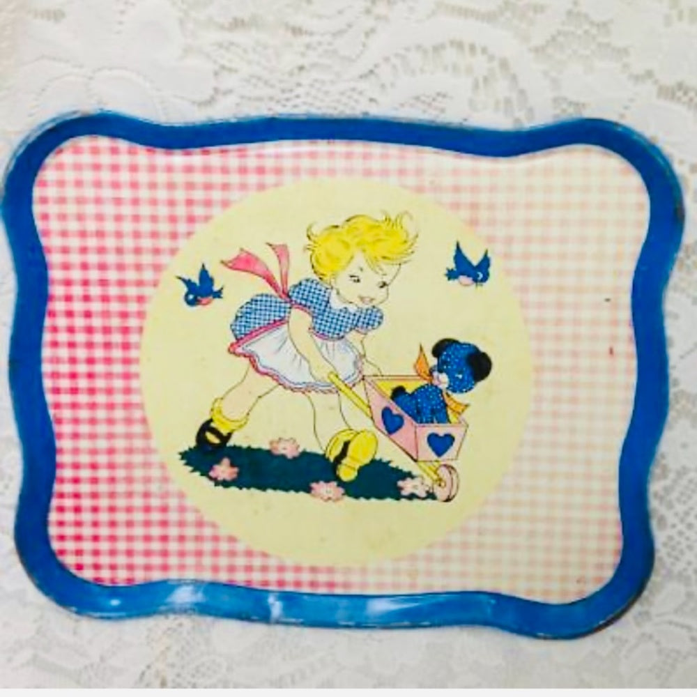 1940-50s Ohio Art, Red Plaid 11-pc Child’s Tin Tea Set