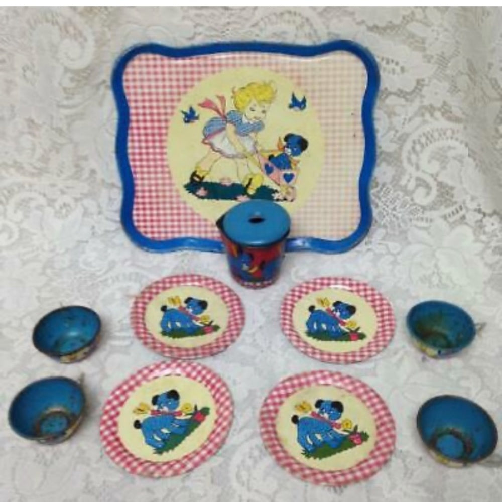 1940-50s Ohio Art, Red Plaid 11-pc Child’s Tin Tea Set