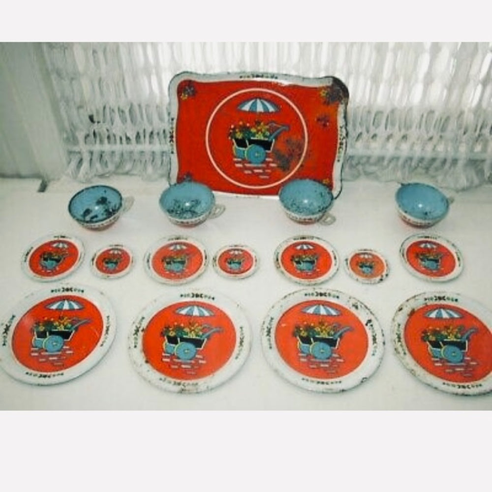 1940-50s Rare, Ohio Art, Floral Wheelbarrow, 16-pc Child’s Tin Tea Set