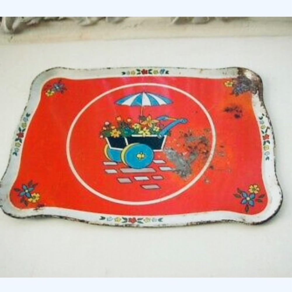 1940-50s Rare, Ohio Art, Floral Wheelbarrow, 16-pc Child’s Tin Tea Set