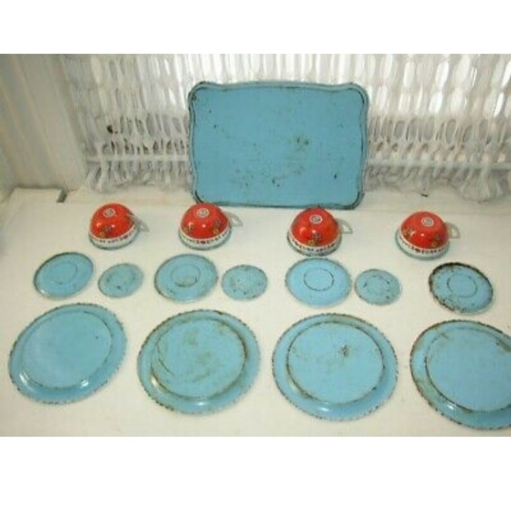 1940-50s Rare, Ohio Art, Floral Wheelbarrow, 16-pc Child’s Tin Tea Set