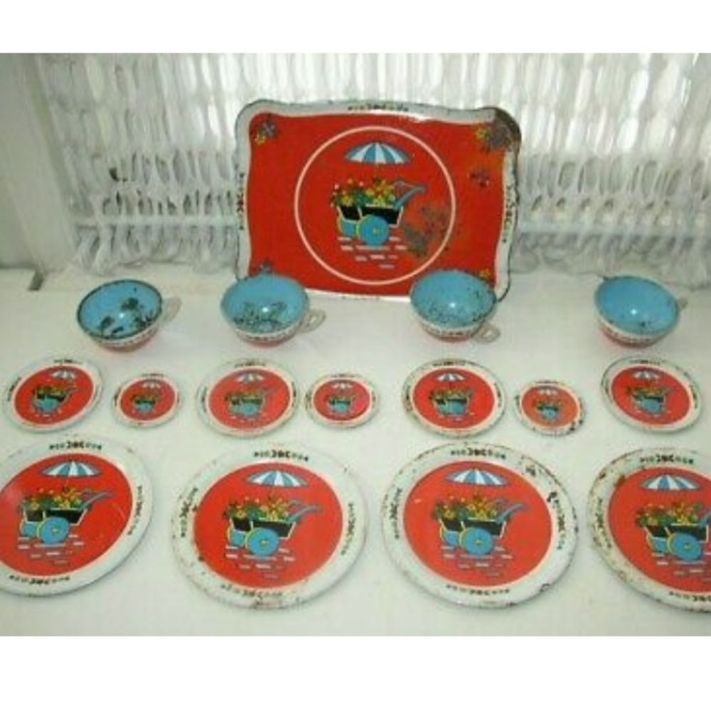 1940-50s Rare, Ohio Art, Floral Wheelbarrow, 16-pc Child’s Tin Tea Set
