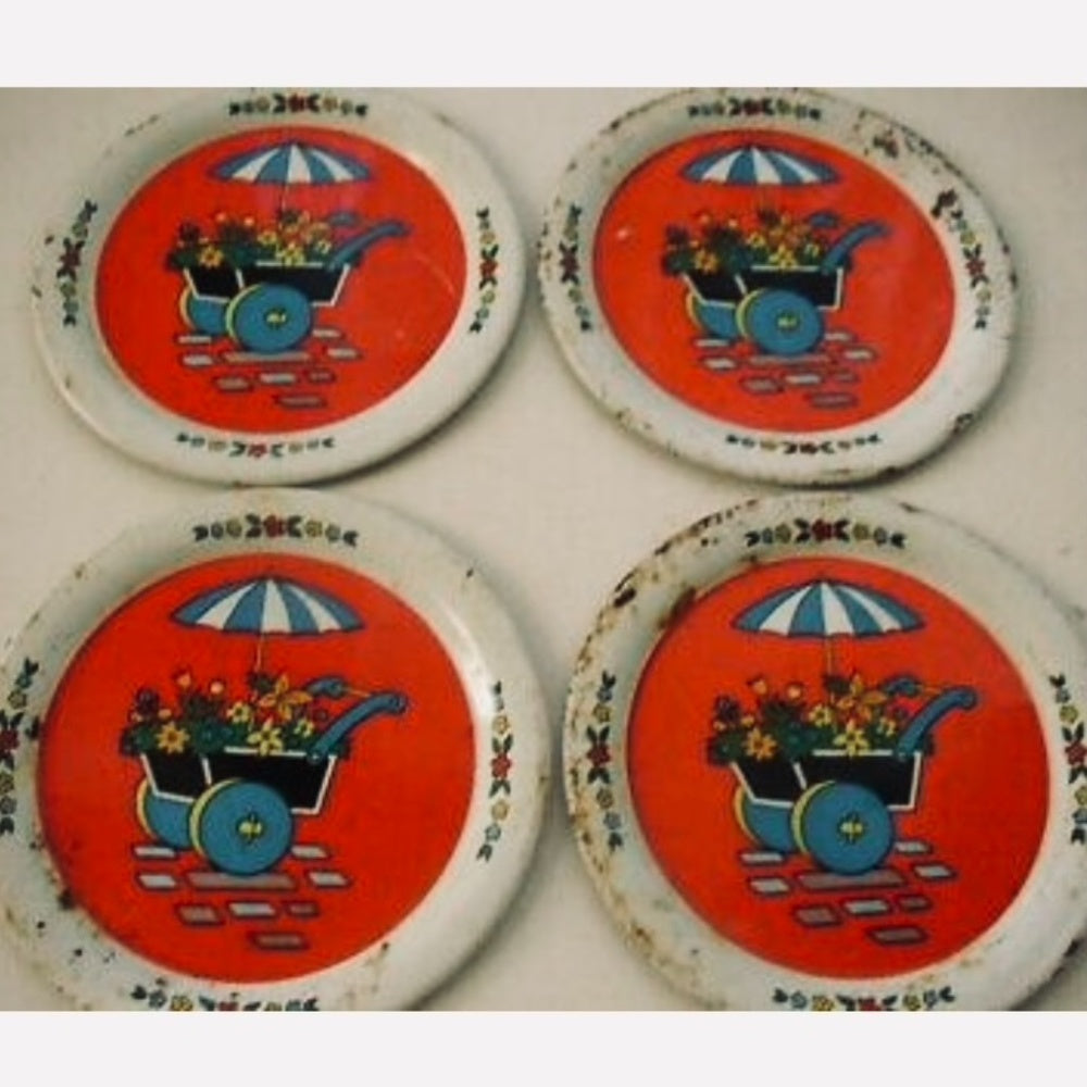 1940-50s Rare, Ohio Art, Floral Wheelbarrow, 16-pc Child’s Tin Tea Set