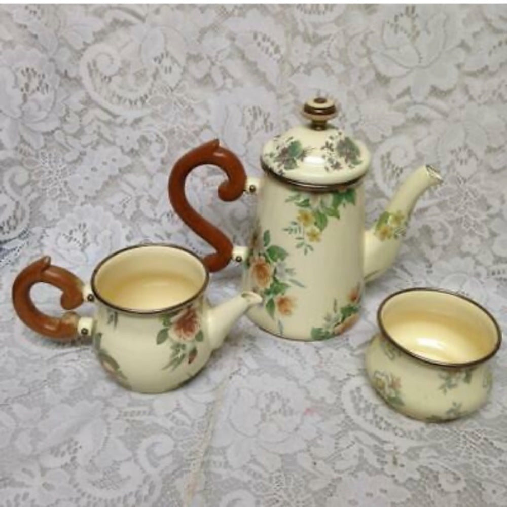 1983 Camp MacKenzie Childs Ltd., Beige Floral Enamelware, 8pcTea or CampSet