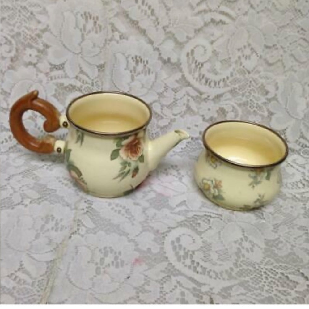 1983 Camp MacKenzie Childs Ltd., Beige Floral Enamelware, 8pcTea or CampSet